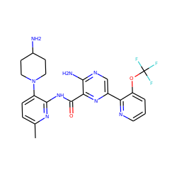 Cc1ccc(N2CCC(N)CC2)c(NC(=O)c2nc(-c3ncccc3OC(F)(F)F)cnc2N)n1 ZINC001772625854