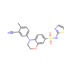 Cc1ccc(N2CCOc3cc(S(=O)(=O)Nc4nccs4)ccc32)cc1C#N ZINC000220246743