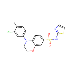 Cc1ccc(N2CCOc3cc(S(=O)(=O)Nc4nccs4)ccc32)cc1Cl ZINC000220245607