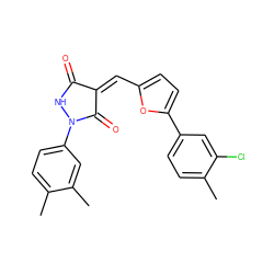 Cc1ccc(N2NC(=O)/C(=C/c3ccc(-c4ccc(C)c(Cl)c4)o3)C2=O)cc1C ZINC000004471294