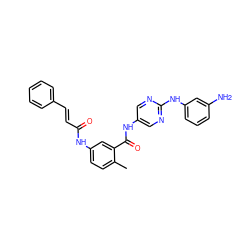 Cc1ccc(NC(=O)/C=C/c2ccccc2)cc1C(=O)Nc1cnc(Nc2cccc(N)c2)nc1 ZINC000169353160