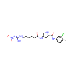 Cc1ccc(NC(=O)[C@@H]2C[C@H](NC(=O)CCCCCN/C(N)=N/[N+](=O)[O-])CN2)cc1Cl ZINC000029124966