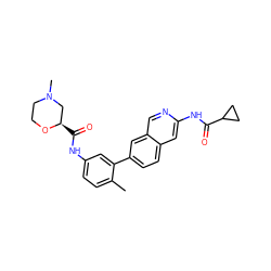 Cc1ccc(NC(=O)[C@@H]2CN(C)CCO2)cc1-c1ccc2cc(NC(=O)C3CC3)ncc2c1 ZINC000144683317