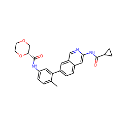 Cc1ccc(NC(=O)[C@H]2COCCO2)cc1-c1ccc2cc(NC(=O)C3CC3)ncc2c1 ZINC000144685861