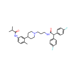 Cc1ccc(NC(=O)C(C)C)cc1C1CCN(CCCNC(=O)C(c2ccc(F)cc2)c2ccc(F)cc2)CC1 ZINC000028710119