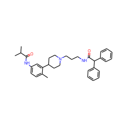 Cc1ccc(NC(=O)C(C)C)cc1C1CCN(CCCNC(=O)C(c2ccccc2)c2ccccc2)CC1 ZINC000028710114