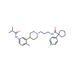 Cc1ccc(NC(=O)C(C)C)cc1C1CCN(CCCNC(=O)C2(c3ccc(F)cc3)CCCC2)CC1 ZINC000028710189