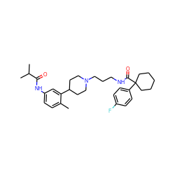 Cc1ccc(NC(=O)C(C)C)cc1C1CCN(CCCNC(=O)C2(c3ccc(F)cc3)CCCCC2)CC1 ZINC000028710188