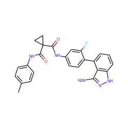 Cc1ccc(NC(=O)C2(C(=O)Nc3ccc(-c4cccc5[nH]nc(N)c45)c(F)c3)CC2)cc1 ZINC000299857113