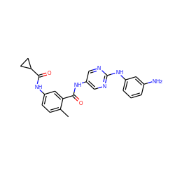 Cc1ccc(NC(=O)C2CC2)cc1C(=O)Nc1cnc(Nc2cccc(N)c2)nc1 ZINC000169353152