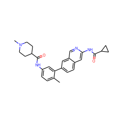 Cc1ccc(NC(=O)C2CCN(C)CC2)cc1-c1ccc2cc(NC(=O)C3CC3)ncc2c1 ZINC000144415043