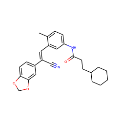 Cc1ccc(NC(=O)CCC2CCCCC2)cc1/C=C(\C#N)c1ccc2c(c1)OCO2 ZINC000013757515