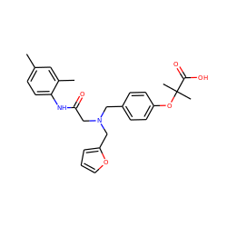 Cc1ccc(NC(=O)CN(Cc2ccc(OC(C)(C)C(=O)O)cc2)Cc2ccco2)c(C)c1 ZINC000049049647