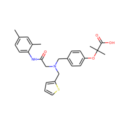 Cc1ccc(NC(=O)CN(Cc2ccc(OC(C)(C)C(=O)O)cc2)Cc2cccs2)c(C)c1 ZINC000049046896