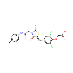 Cc1ccc(NC(=O)CN2C(=O)S/C(=C\c3cc(Cl)c(OCC(=O)O)c(Cl)c3)C2=O)cc1 ZINC000002141503