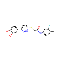 Cc1ccc(NC(=O)CSc2ccc(-c3ccc4c(c3)OCO4)nn2)cc1F ZINC000004356680