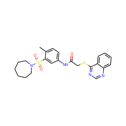 Cc1ccc(NC(=O)CSc2ncnc3ccccc23)cc1S(=O)(=O)N1CCCCCC1 ZINC000008696075