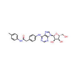 Cc1ccc(NC(=O)Cc2ccc(Nc3ncnc4c3ncn4[C@H]3O[C@H](CO)[C@@H](O)[C@H]3O)cc2)cc1 ZINC000049037111