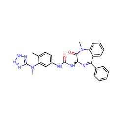 Cc1ccc(NC(=O)N[C@@H]2N=C(c3ccccc3)c3ccccc3N(C)C2=O)cc1N(C)c1nn[nH]n1 ZINC000013746710