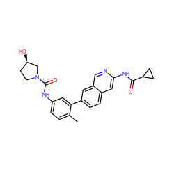 Cc1ccc(NC(=O)N2CC[C@@H](O)C2)cc1-c1ccc2cc(NC(=O)C3CC3)ncc2c1 ZINC000144685025