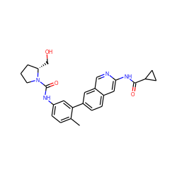 Cc1ccc(NC(=O)N2CCC[C@@H]2CO)cc1-c1ccc2cc(NC(=O)C3CC3)ncc2c1 ZINC000144686503