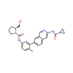 Cc1ccc(NC(=O)N2CCC[C@H]2CO)cc1-c1ccc2cc(NC(=O)C3CC3)ncc2c1 ZINC000144686302