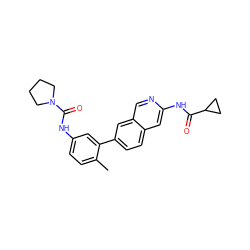 Cc1ccc(NC(=O)N2CCCC2)cc1-c1ccc2cc(NC(=O)C3CC3)ncc2c1 ZINC000144415229