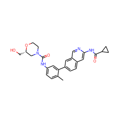 Cc1ccc(NC(=O)N2CCO[C@@H](CO)C2)cc1-c1ccc2cc(NC(=O)C3CC3)ncc2c1 ZINC000144278799