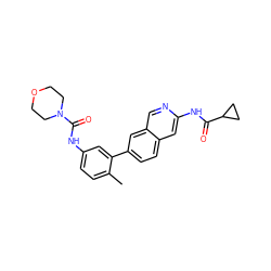 Cc1ccc(NC(=O)N2CCOCC2)cc1-c1ccc2cc(NC(=O)C3CC3)ncc2c1 ZINC000169700031