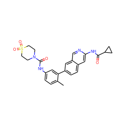 Cc1ccc(NC(=O)N2CCS(=O)(=O)CC2)cc1-c1ccc2cc(NC(=O)C3CC3)ncc2c1 ZINC000169700054