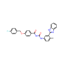 Cc1ccc(NC(=O)NC(=O)c2ccc(OCc3ccc(F)cc3)cc2)cc1-c1nc2ccccc2[nH]1 ZINC000653786112