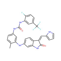 Cc1ccc(NC(=O)Nc2cc(C(F)(F)F)ccc2F)cc1Nc1ccc2c(c1)NC(=O)/C2=C\c1ccc[nH]1 ZINC000084706784