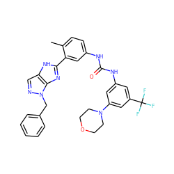 Cc1ccc(NC(=O)Nc2cc(N3CCOCC3)cc(C(F)(F)F)c2)cc1-c1nc2c(cnn2Cc2ccccc2)[nH]1 ZINC000049777734