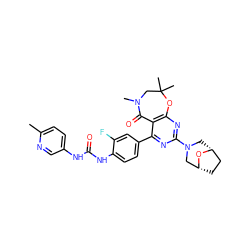 Cc1ccc(NC(=O)Nc2ccc(-c3nc(N4C[C@@H]5CC[C@H](C4)O5)nc4c3C(=O)N(C)CC(C)(C)O4)cc2F)cn1 ZINC000205340088