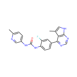 Cc1ccc(NC(=O)Nc2ccc(-c3ncnc4[nH]cc(C)c34)cc2F)cn1 ZINC000473154347