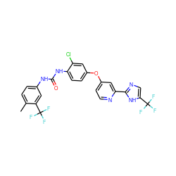 Cc1ccc(NC(=O)Nc2ccc(Oc3ccnc(-c4ncc(C(F)(F)F)[nH]4)c3)cc2Cl)cc1C(F)(F)F ZINC000084756696