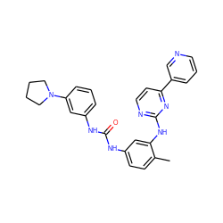 Cc1ccc(NC(=O)Nc2cccc(N3CCCC3)c2)cc1Nc1nccc(-c2cccnc2)n1 ZINC000028384330