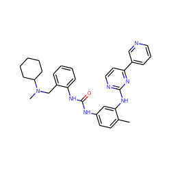 Cc1ccc(NC(=O)Nc2ccccc2CN(C)C2CCCCC2)cc1Nc1nccc(-c2cccnc2)n1 ZINC000028385403