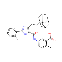 Cc1ccc(NC(=O)c2[nH]c(-c3ccccc3C)nc2CCC23CC4CC(CC(C4)C2)C3)cc1C(=O)O ZINC000013674711