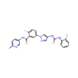 Cc1ccc(NC(=O)c2cc(-n3cc(NC(=O)Nc4ccccc4Cl)cn3)ccc2F)cn1 ZINC000299827324