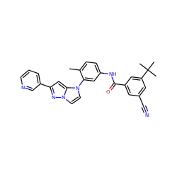 Cc1ccc(NC(=O)c2cc(C#N)cc(C(C)(C)C)c2)cc1-n1ccn2nc(-c3cccnc3)cc12 ZINC000224218383