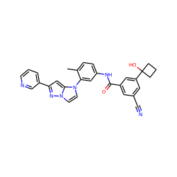 Cc1ccc(NC(=O)c2cc(C#N)cc(C3(O)CCC3)c2)cc1-n1ccn2nc(-c3cccnc3)cc12 ZINC000224198075