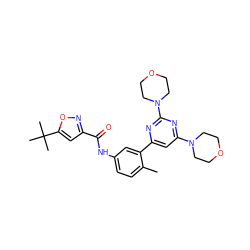 Cc1ccc(NC(=O)c2cc(C(C)(C)C)on2)cc1-c1cc(N2CCOCC2)nc(N2CCOCC2)n1 ZINC000220481286