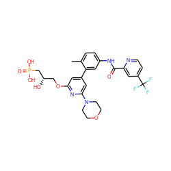 Cc1ccc(NC(=O)c2cc(C(F)(F)F)ccn2)cc1-c1cc(OC[C@H](O)CP(=O)(O)O)nc(N2CCOCC2)c1 ZINC001772581740