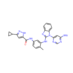 Cc1ccc(NC(=O)c2cc(C3CC3)n[nH]2)cc1Nc1nc2ccccc2n1-c1cc(N)ncn1 ZINC000034802757