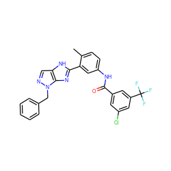 Cc1ccc(NC(=O)c2cc(Cl)cc(C(F)(F)F)c2)cc1-c1nc2c(cnn2Cc2ccccc2)[nH]1 ZINC000049036772