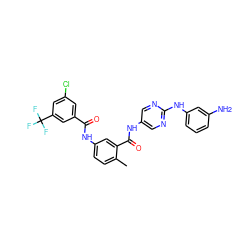 Cc1ccc(NC(=O)c2cc(Cl)cc(C(F)(F)F)c2)cc1C(=O)Nc1cnc(Nc2cccc(N)c2)nc1 ZINC000169353157