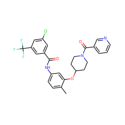 Cc1ccc(NC(=O)c2cc(Cl)cc(C(F)(F)F)c2)cc1OC1CCN(C(=O)c2cccnc2)CC1 ZINC000653827924