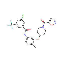 Cc1ccc(NC(=O)c2cc(Cl)cc(C(F)(F)F)c2)cc1OC1CCN(C(=O)c2ccno2)CC1 ZINC000653827914