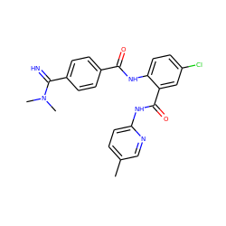 Cc1ccc(NC(=O)c2cc(Cl)ccc2NC(=O)c2ccc(C(=N)N(C)C)cc2)nc1 ZINC000040892064